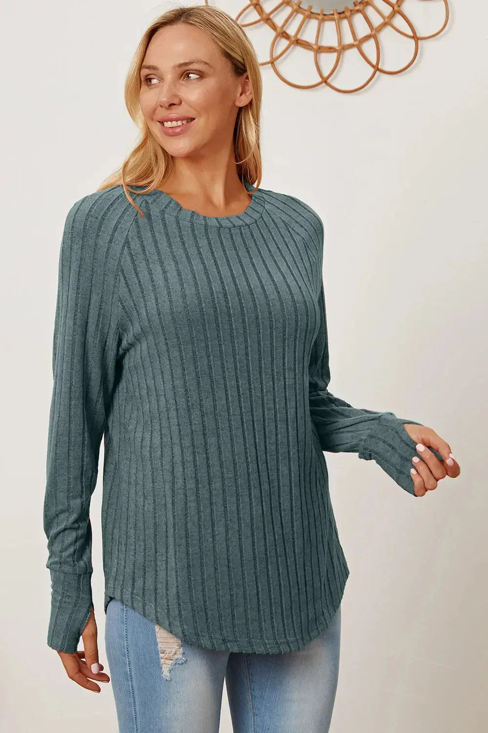 Basic Bae Full Size Ribbed Thumbhole Sleeve T-Shirt - Love Salve